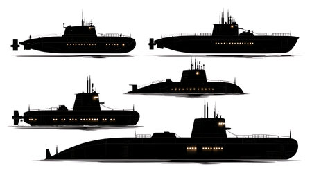 Submarine with Navigation Lights Silhouette Collection isolated on plain white background.のイラスト素材