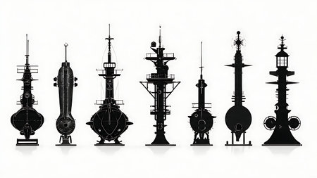 Submarine Periscope & Mast Head Design Silhouette Set isolated on plain white background.