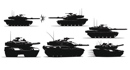 Modern Main Battle Tank (MBT) Silhouette Set of Six isolated on plain white background.のイラスト素材
