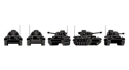 German Panzer IV WWII Tank Silhouette Collection isolated on plain white background.のイラスト素材