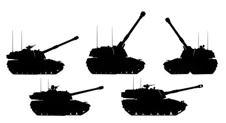 Self-Propelled Artillery (SPG) Vector Silhouette Set isolated on plain white background.のイラスト素材