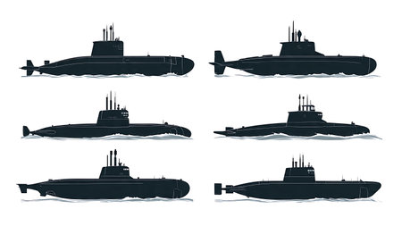 Submarine with Deployed Anchor Silhouette Collection isolated on plain white background.のイラスト素材