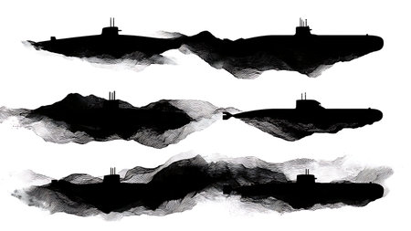 Submarine Navigating Underwater Canyon Silhouette Set isolated on plain white background.のイラスト素材