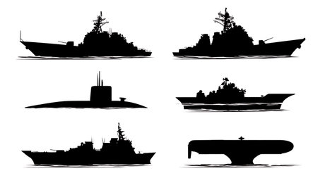 Submarine Passing Under Surface Ship Silhouette Set isolated on plain white background.のイラスト素材