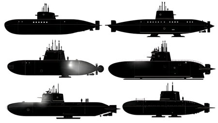 Submarine with Navigation Lights Silhouette Collection isolated on plain white background.のイラスト素材