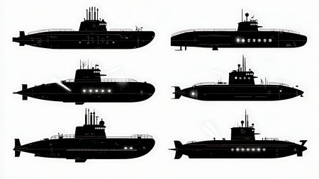 Submarine with Navigation Lights Silhouette Collection isolated on plain white background.のイラスト素材