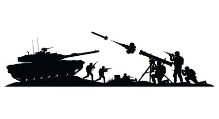 Tank vs. ATGM Team Combat Scenario Silhouette Set isolated on plain white background.のイラスト素材
