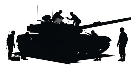 Tank Crew Performing Field Maintenance Silhouette Set isolated on plain white background.のイラスト素材