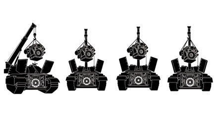 Tank Engine Removal & Maintenance Silhouette Pack isolated on plain white background.のイラスト素材