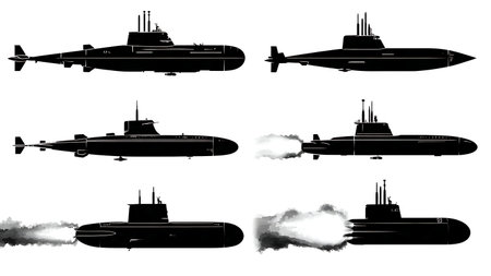 Submarine VLS Cruise Missile Launch Silhouette Pack isolated on plain white background.のイラスト素材