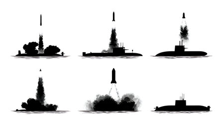Submarine Launching Anti-Ship Missile Silhouette Pack isolated on plain white background.のイラスト素材