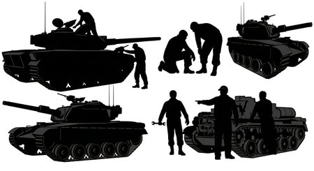 Tank Crew Performing Field Maintenance Silhouette Set isolated on plain white background.のイラスト素材