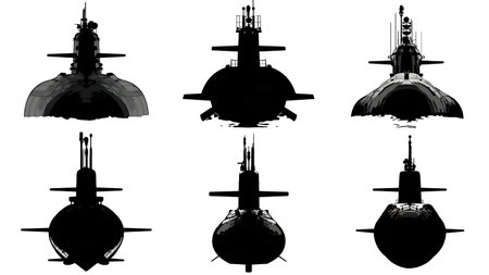 Front View Submarine with Torpedo Tubes Silhouette Set isolated on plain white background.のイラスト素材