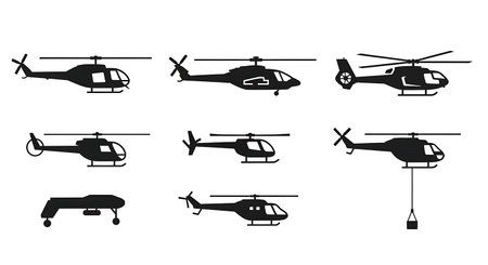 Simplified Helicopter Icons for UI & Signs Silhouette Set isolated on plain white background.のイラスト素材