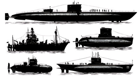 Submarine with Support Tender Ship Silhouette Set isolated on plain white background.のイラスト素材