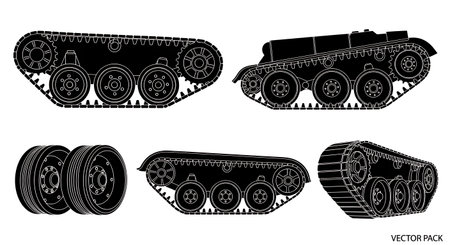 Tank Road Wheel & Track Link Detail Silhouette Set isolated on plain white background.のイラスト素材