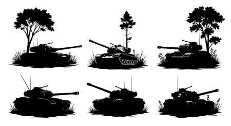 Tank in Forest & Woodland Camouflage Silhouette Set isolated on plain white background.のイラスト素材
