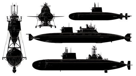 Submarine Deploying Communications Buoy Silhouette Pack isolated on plain white background.のイラスト素材