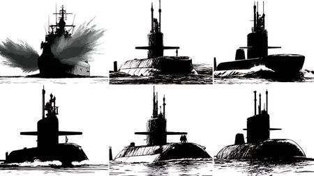 Submarine Firing Countermeasures Silhouette Pack of Six isolated on plain white background.のイラスト素材
