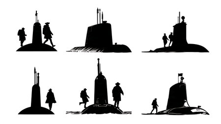 Submarine with Divers Silhouette Collection isolated on plain white background.のイラスト素材