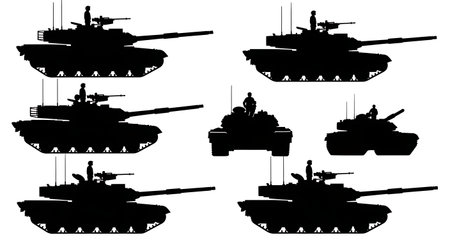 Military Parade Tank Silhouette Collection isolated on plain white background.のイラスト素材