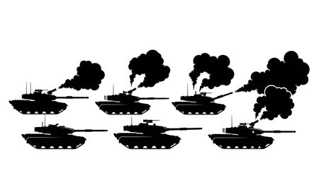Tank Discharging Smoke Grenades Silhouette Set isolated on plain white background.のイラスト素材