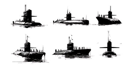 Submarine Inside Protective Pen Bunker Silhouette Set isolated on plain white background.のイラスト素材