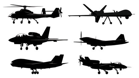 Military Surveillance & Recon Aircraft Silhouette Set isolated on plain white background.のイラスト素材