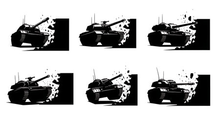 Tank Crashing Through Wall Silhouette Collection isolated on plain white background.のイラスト素材