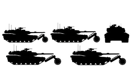 Tank with Anti-Mine Roller System Silhouette Set isolated on plain white background.のイラスト素材