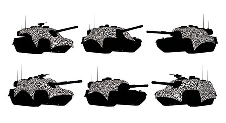 Tank with Camouflage Net Silhouette Pack isolated on plain white background.のイラスト素材