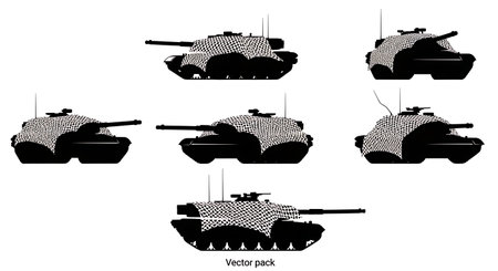 Tank with Camouflage Net Silhouette Pack isolated on plain white background.のイラスト素材