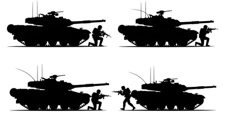 Tank with Infantry Support Silhouette Set isolated on plain white background.のイラスト素材