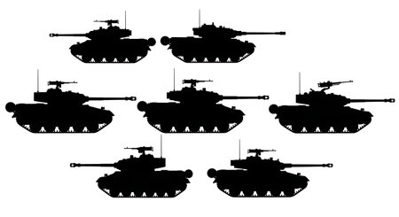 Tank with Turret-Mounted Machine Gun Silhouette Set isolated on plain white background.のイラスト素材