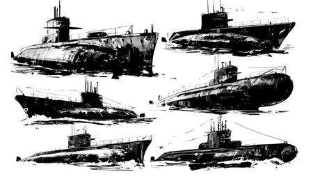 Three-Quarter Front View Submarine Silhouette Pack isolated on plain white background.のイラスト素材