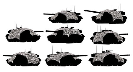 Tank with Camouflage Net Silhouette Pack isolated on plain white background.のイラスト素材