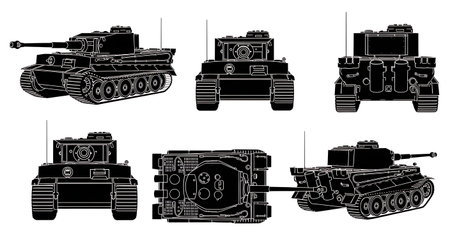 German Tiger I Heavy Tank Silhouette Set isolated on plain white background.のイラスト素材
