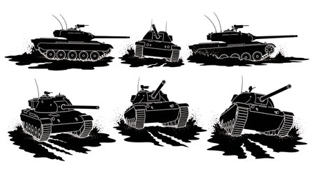 Tank Stuck in Mud Silhouette Set isolated on plain white background.のイラスト素材