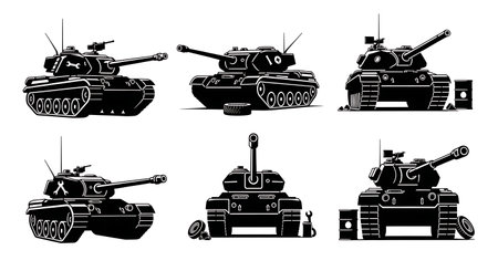 Tank in Maintenance Depot / Workshop Silhouette Pack isolated on plain white background.のイラスト素材