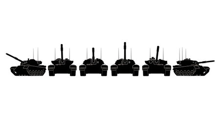 Tank with Gun Elevation & Depression Silhouette Pack isolated on plain white background.のイラスト素材