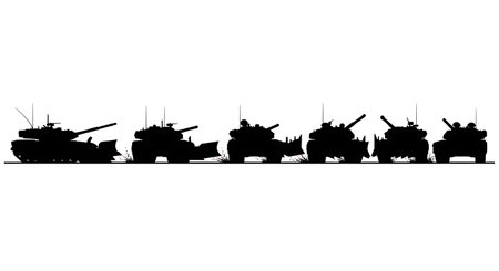 Tank with Mine Plow Attached Silhouette Set isolated on plain white background.のイラスト素材