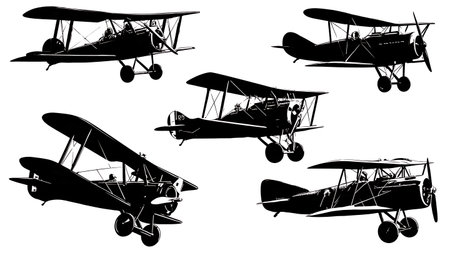 World War I Fighter Aircraft Silhouette Set of Six isolated on plain white background.のイラスト素材