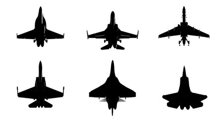 Three-Quarter Rear View Aircraft Silhouette Collection isolated on plain white background.のイラスト素材