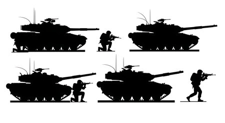 Tank with Infantry Support Silhouette Set isolated on plain white background.のイラスト素材