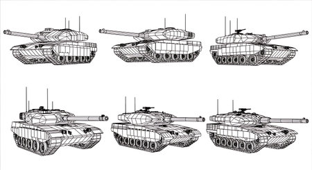 Wireframe Tank Technical Blueprint Silhouette Pack isolated on plain white background.のイラスト素材