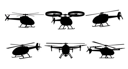 Unmanned Helicopter Drone (UAV) Silhouette Vector Set isolated on plain white background.のイラスト素材