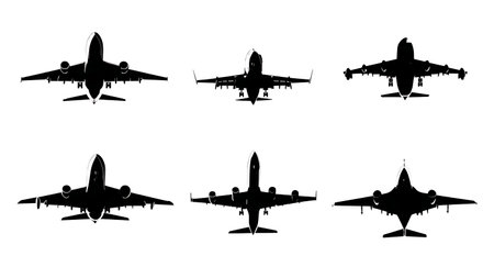 Three-Quarter Rear View Aircraft Silhouette Collection isolated on plain white background.のイラスト素材