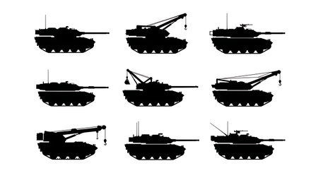 Armored Recovery Vehicle (ARV) Silhouette Set isolated on plain white background.のイラスト素材