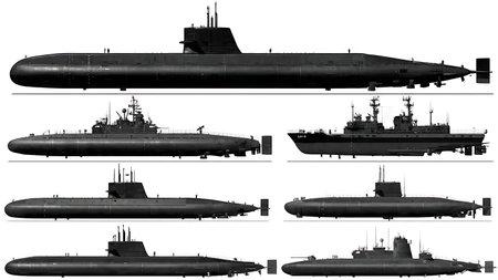 Cruise Missile Submarine (SSGN) Silhouette Pack of Six isolated on plain white background.のイラスト素材