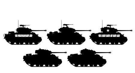 American M4 Sherman WWII Tank Silhouette Collection isolated on plain white background.のイラスト素材